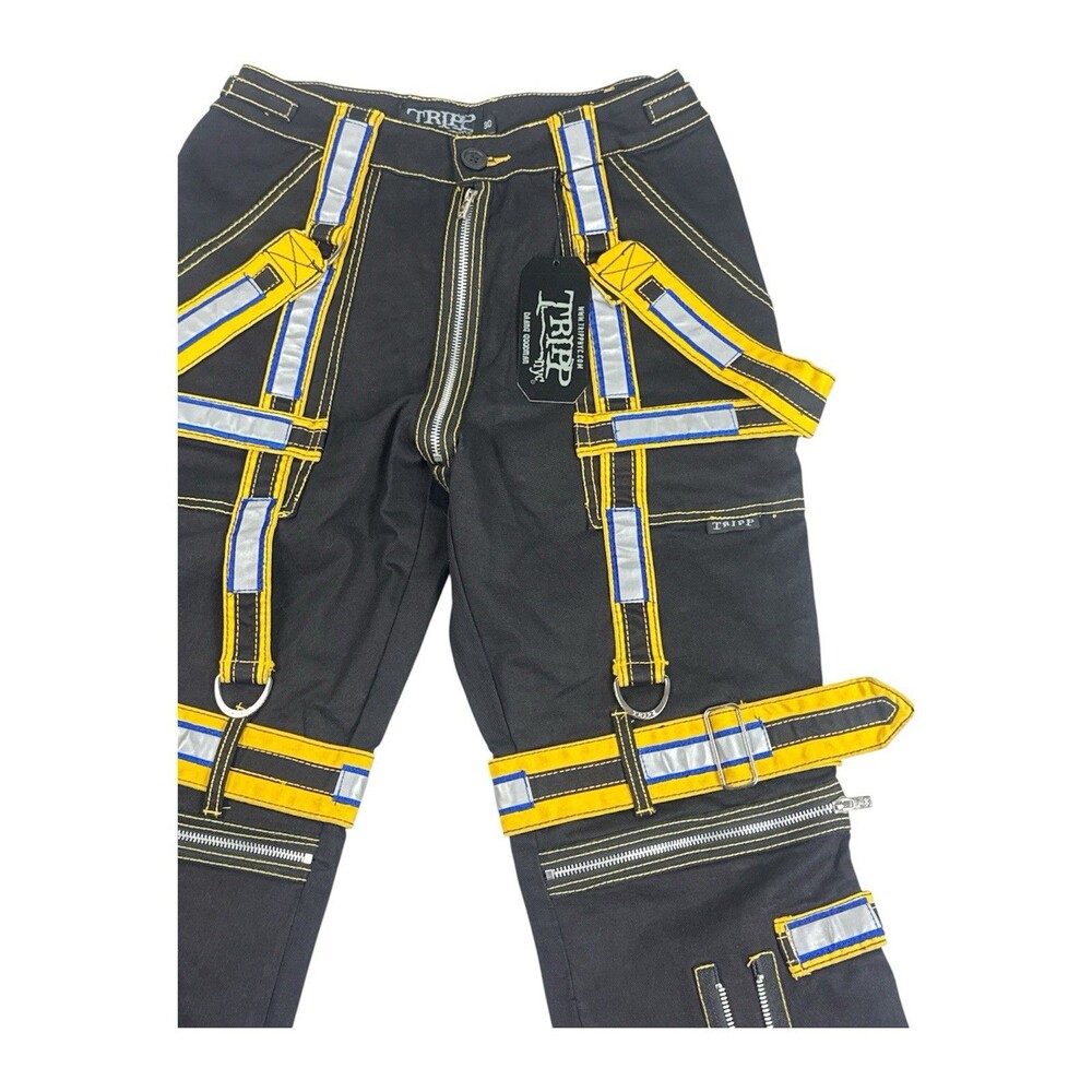 Tripp NYC Energizer Reflective Strap Pants Black Yellow Cyber Goth Size 30 NWT - Picture 3 of 8